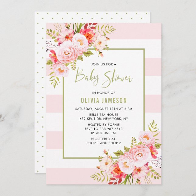 Pink Stripes Floral Bridal Douche Invitation (Devant / Derrière)