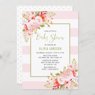 Pink Stripes Floral Bridal Douche Invitation