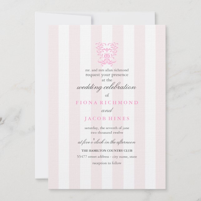 Pink Stripes & Mariage damassé Invitation (Devant)