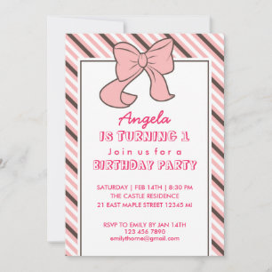Pink Stripes Ribbon et Bow Invitation d'anniversai