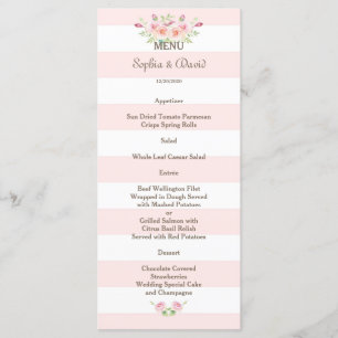 Pink Stripes Watercolor Flowers Menu Mariage