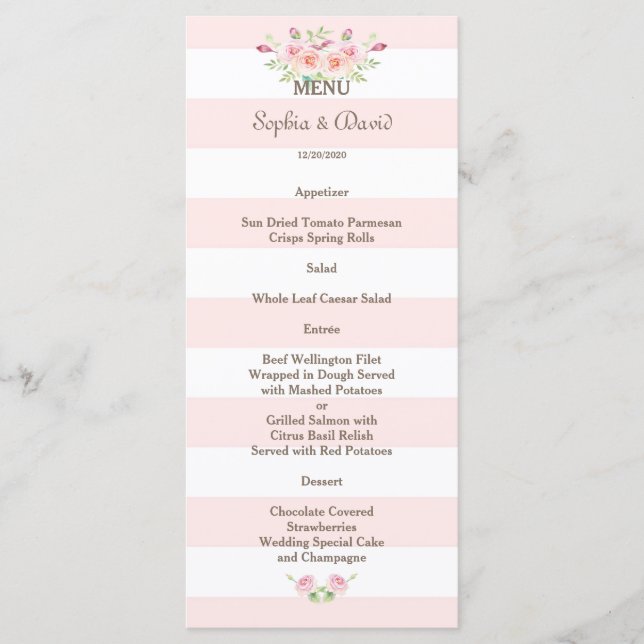 Pink Stripes Watercolor Flowers Menu Mariage (Devant)