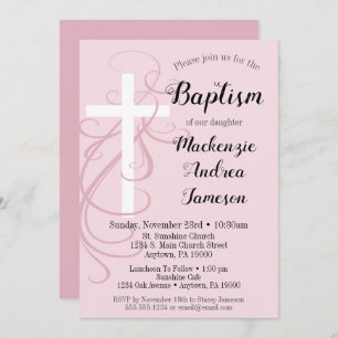 Pink Swirl Cross Baptism Invitation Girl's