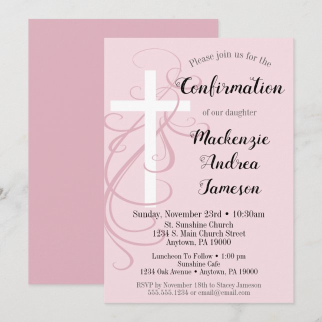 Pink Swirl Cross Confirmation Invitation Girl (Devant / Derrière)