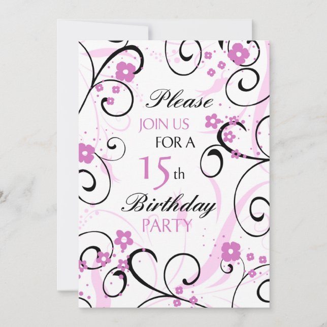 Pink Swirls 15e Anniversaire Carte d'invitation (Devant)