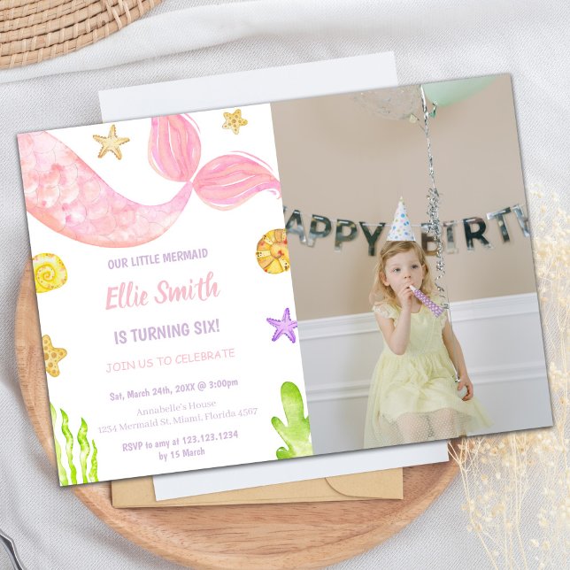Pink Tail Sirène Anniversaire Invitations avec pho (Pink Tail Mermaid Birthday Invitations with photo)