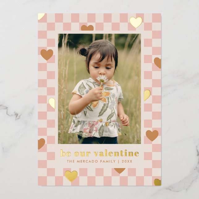 Pink Tan Checkerboard Hearts Carte Saint-Valentin (Recto)