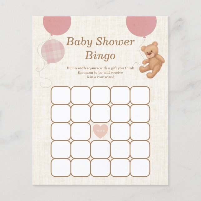 Pink Teddy Bear Baby shower Bingo Jeu (Devant)