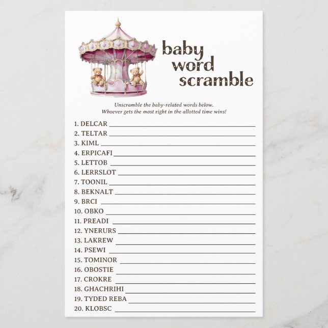 Pink Teddy Bear Baby shower Word Scramble Jeu (Devant)