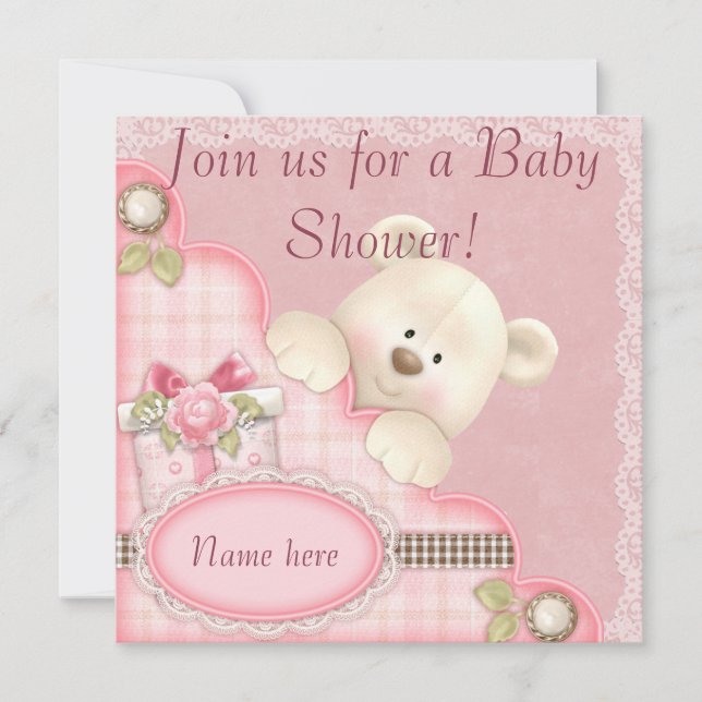 Pink Teddy Ours Bébé Douche Invitations (Devant)