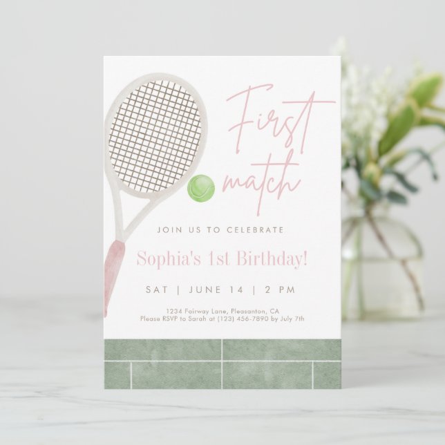 Pink Tennis First Birthday Party Invitation (Debout devant)