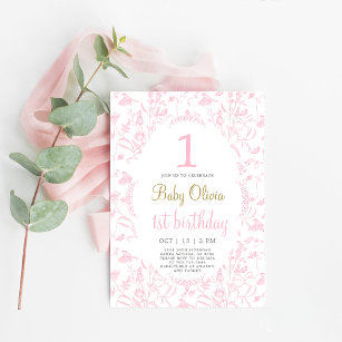 Pink Toile 1er anniversaire Invitation