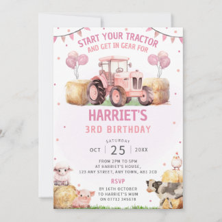 Pink Tractor Anniversaire Fête Invitation Thème de