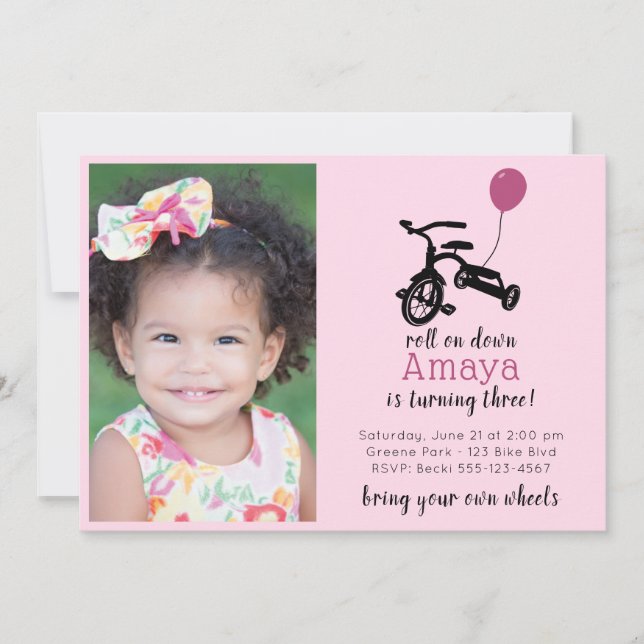 Pink Tricycle Party, Bike party Invitation (Devant)
