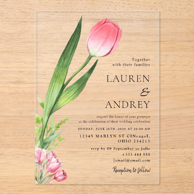Pink Tulip Acrylic Wedding Invitation (Recto)
