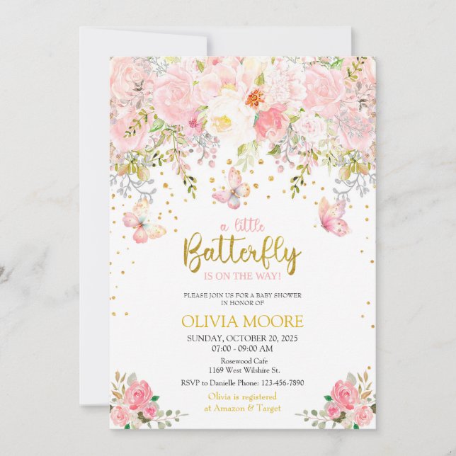Pink Une petite invitation baby shower papillon (Devant)
