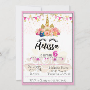 Pink Unicorn 6 Anniversaire invitation