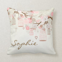 Pink Vintage Birdcages Floral Coussin personnalisé