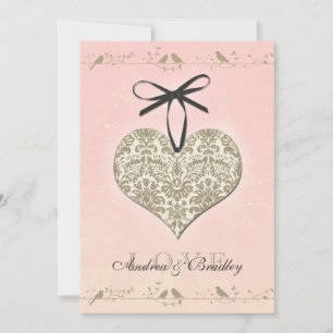 Pink Vintage Damask Heart Faire-part de mariage