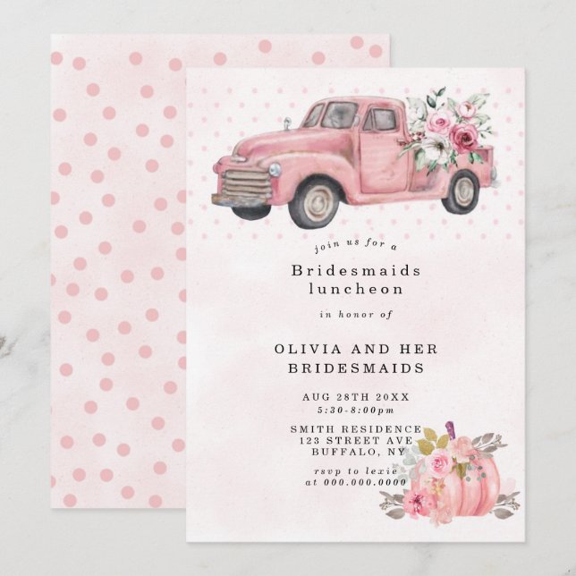 Pink Vintage Truck Bridesmaids Luncheon Invitation (Devant / Derrière)
