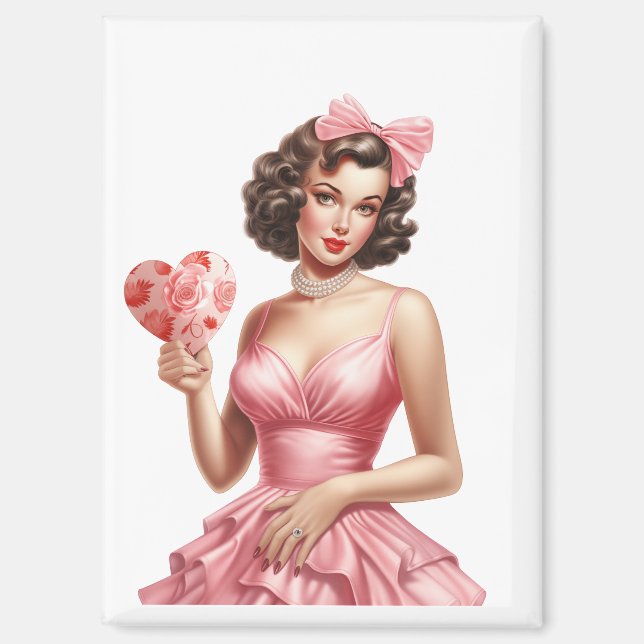 Pink Vintage Valentine Pin-Up Girl Magnet  (Recto)