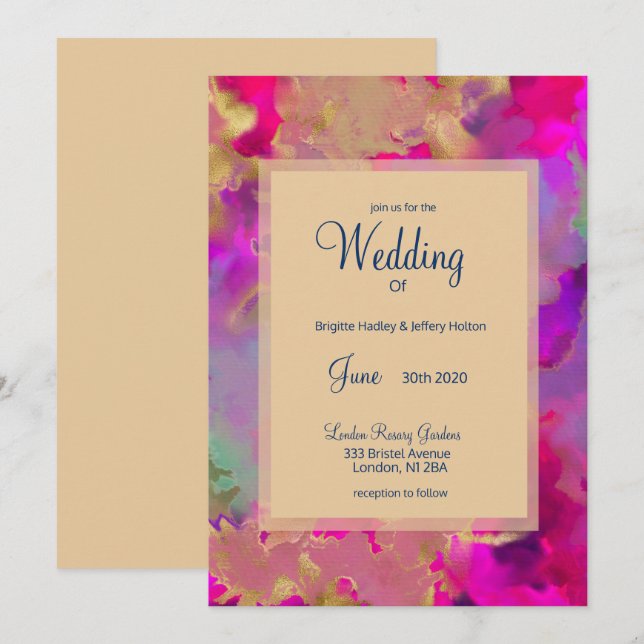 Pink+violet+bleu+vert encre invitations mariage (Devant / Derrière)