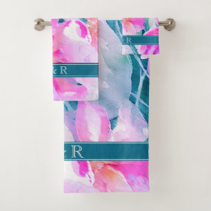 Pink violet et Turquoise aquarelle Monogramme flor