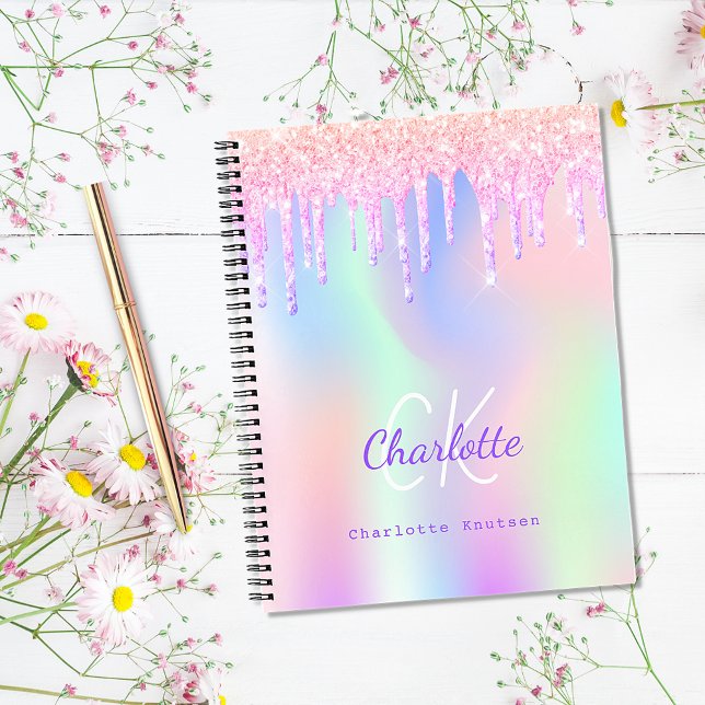 Pink violet holographique gouttes journal monogram (Créateur téléchargé)