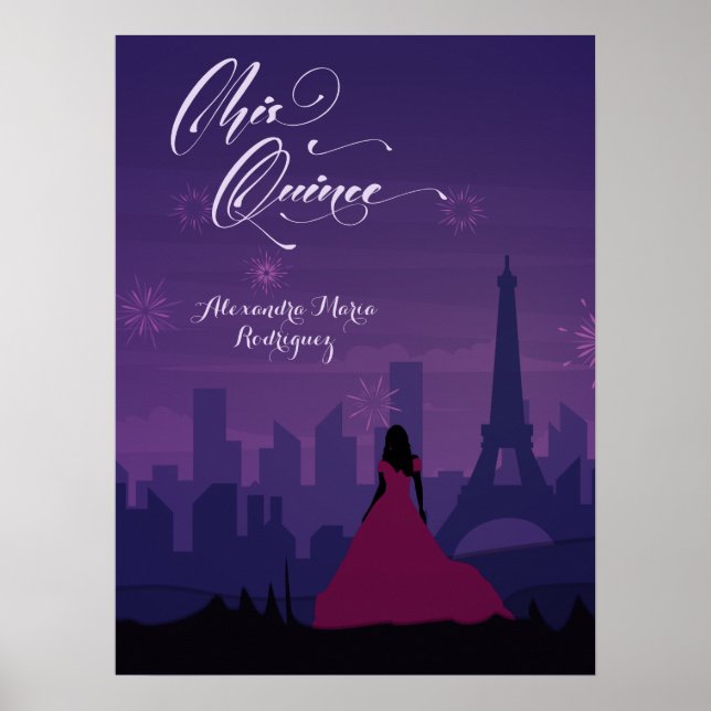 Pink violet Paris Fireworks Poster de Quinceañera (Devant)