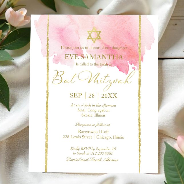 Pink Watercolor Bat Mitzvah Budget Rose Invite (Créateur téléchargé)