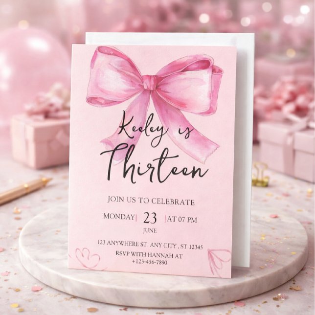 Pink Watercolor Bow Birthday Invitation (Créateur téléchargé)