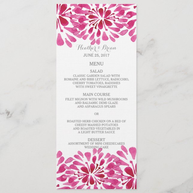 Pink Watercolor Chrysanthemum Mariage Menu (Devant)