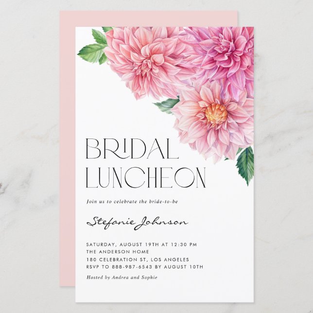 Pink Watercolor Dahlia Bridal Luncheon Invitation (Devant / Derrière)