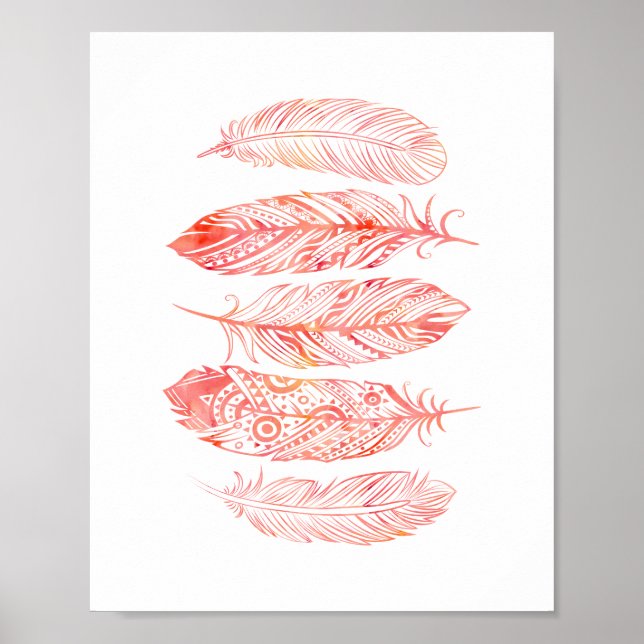 Pink Watercolor Feather Tribal Print Poster (Devant)