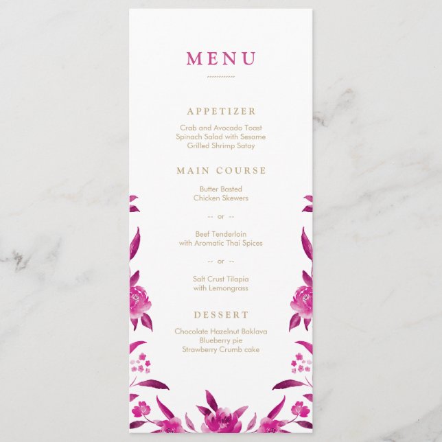 Pink Watercolor floral Chinoiserie menu Mariage (Devant)