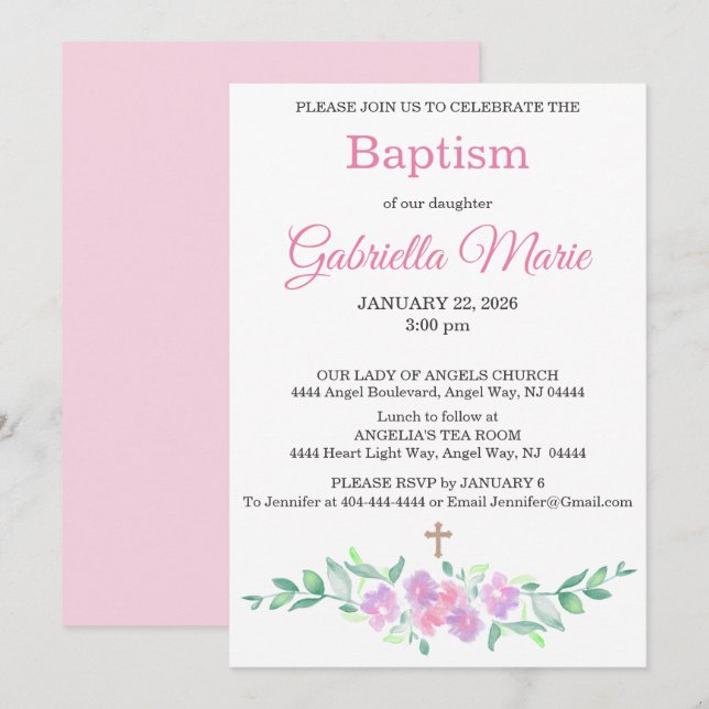 Pink Watercolor Floral Cross Baptism Invitation (Devant / Derrière)