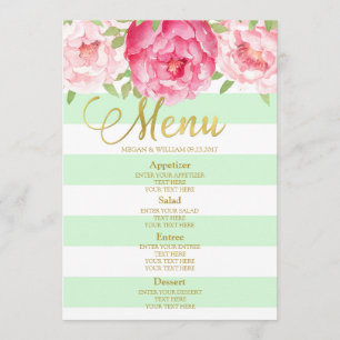 Pink Watercolor Floral Mint Stripes Menu Mariage