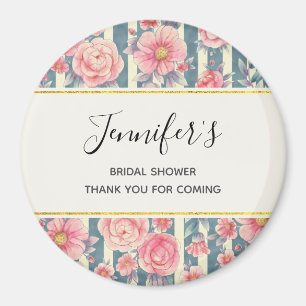 Pink Watercolor Flowers on Stripes Birthday Magnet