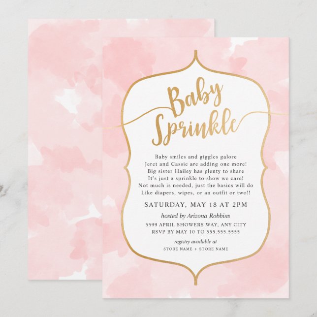 Pink Watercolor Girl Baby Sprinkle Invitation (Devant / Derrière)