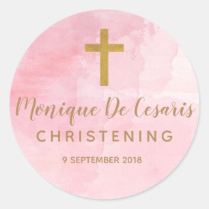Pink Watercolor Gold Cross Christening sticker