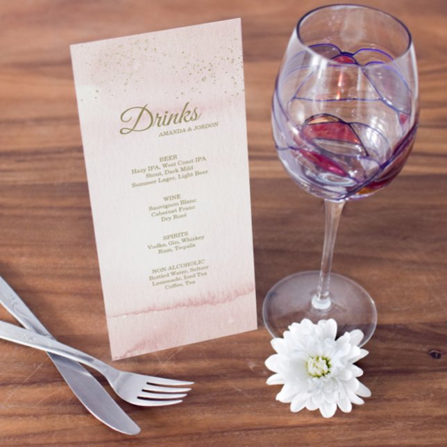 Pink Watercolor Gold Type Mariage Boisson Menu (Créateur téléchargé)