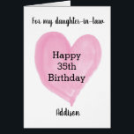Pink Watercolor Heart 35th Birthday<br><div class="desc">A personalized watercolor pink heart 35th birthday card for daughter-in-law, daughter, sister, etc. The front of this modern 35th birthday card for her can be personalize with the birthday recipient's name. The inside birthday message can also be edited. This would make a unique personalized card keepsake for her thirty fifth...</div>