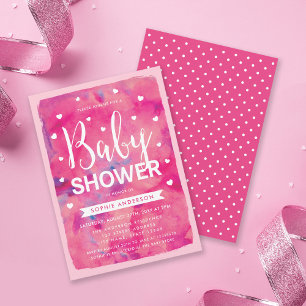 Pink Watercolor Hearts Baby shower Invitation