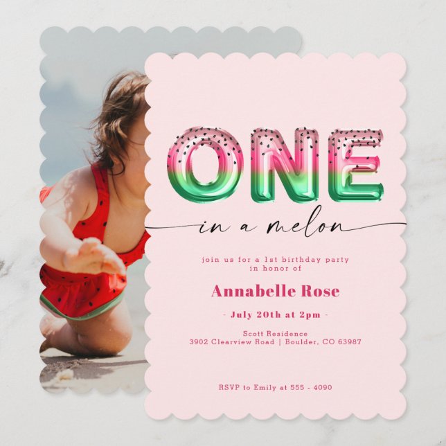 Pink Watermelon Balloon Invitation d'anniversaire (Devant / Derrière)