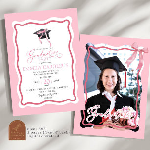 Pink Wavy Retro Graduation Avec Invitation Photo