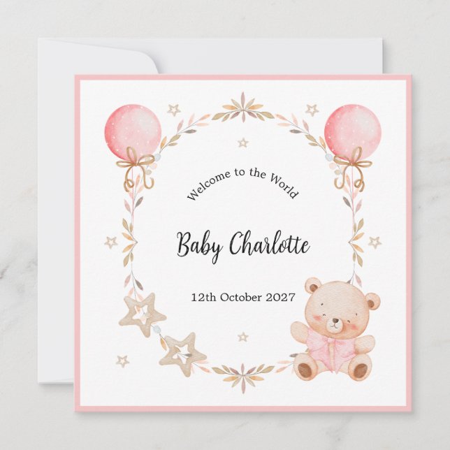 Pink Welcome Baby Floral Frame Teddy Bear Card (Devant)