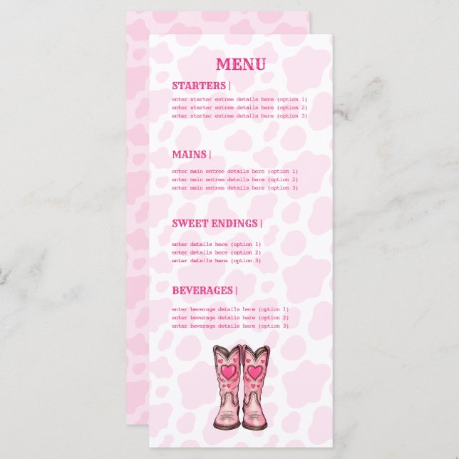 Pink Western Cow Print Rodeo Style Flat Menu (Devant / Derrière)