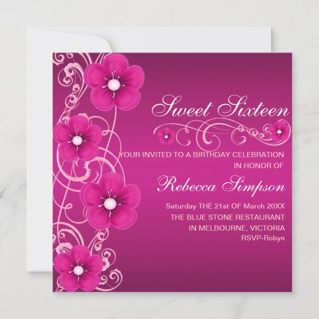 Pink & White Flower Swirl Sweet 16 Invitation d'an (Devant)