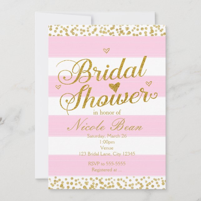 Pink White & Gold Hearts BRIDAL SHOWER Invitations (Devant)