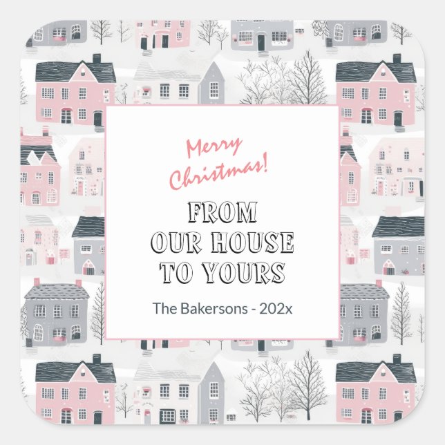 Pink White Grey Vintage Houses Christmas Stickers (Devant)